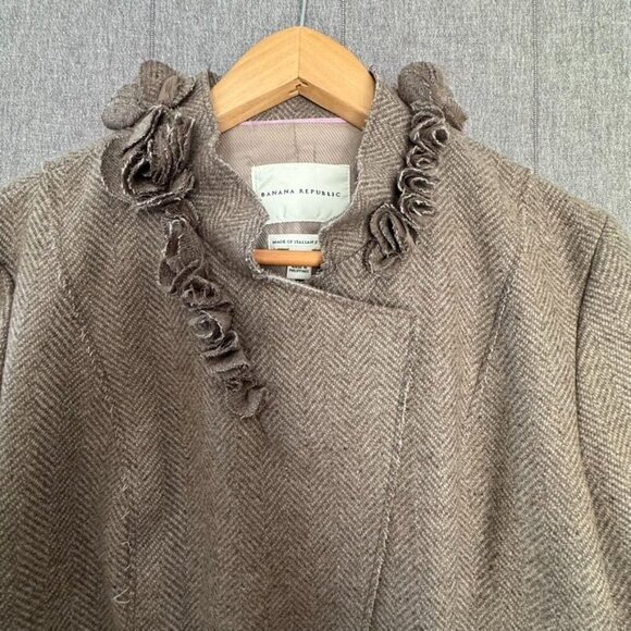 Banana Republic Taupe Ivory Wool Blend Herringbone Tweed 3D Floral Blazer 12 P - Picture 5 of 16